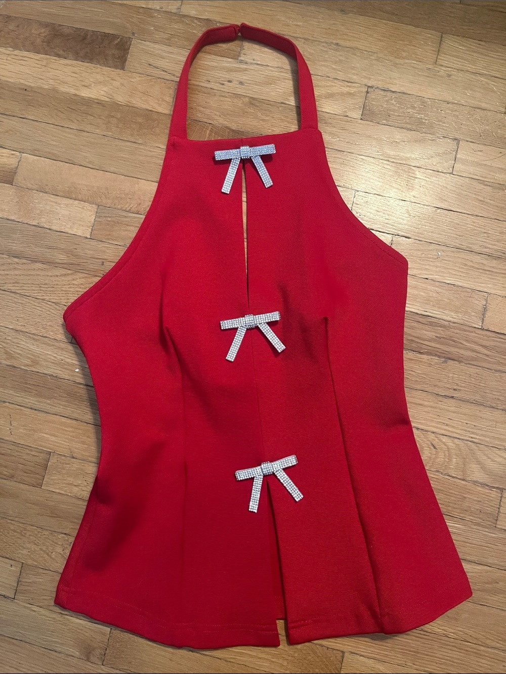 Anthropologie Red Halter Dress with Rhinestone Bows